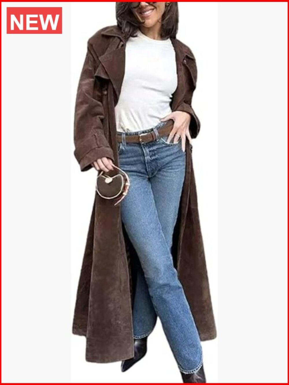 Faux Suede Long Trench Coat Notched Lapel Double Breasted Pea Coat with Belt